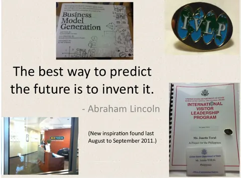 Slide of photos including an International Visitor Leadership Program pin and booklet, with the quote "The best way to predict the future is to invent it."